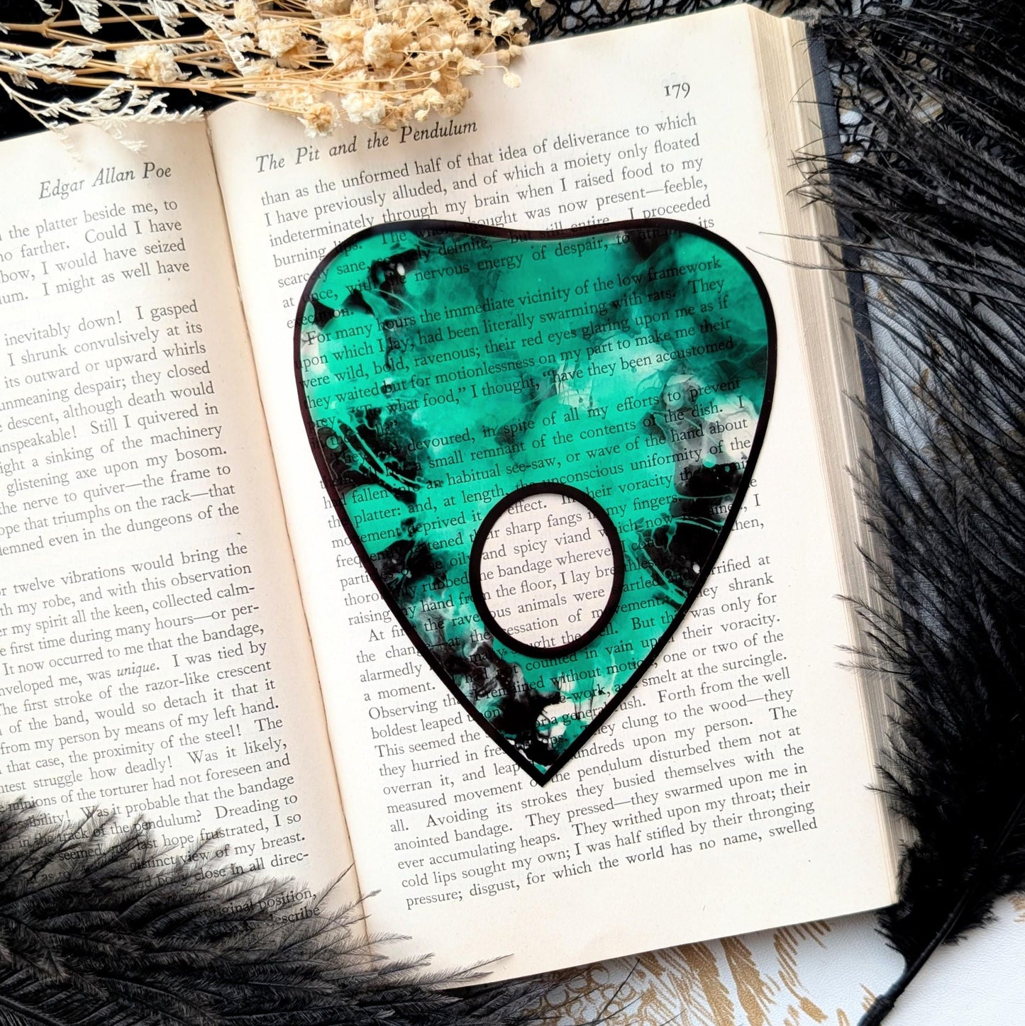 Clear Bookmark Planchette Teal Alcohol Ink Effect Ouija Witch Witchcraft Occult Goth Gothic Horror Handmade Artist Book Reader Lover Gift