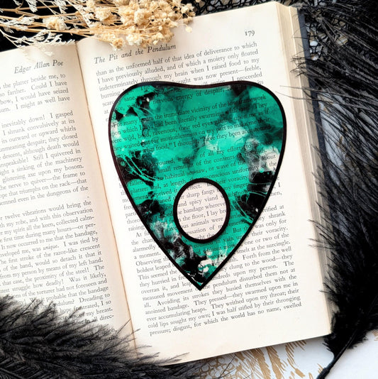 Clear Bookmark Planchette Teal Alcohol Ink Effect Ouija Witch Witchcraft Occult Goth Gothic Horror Handmade Artist Book Reader Lover Gift