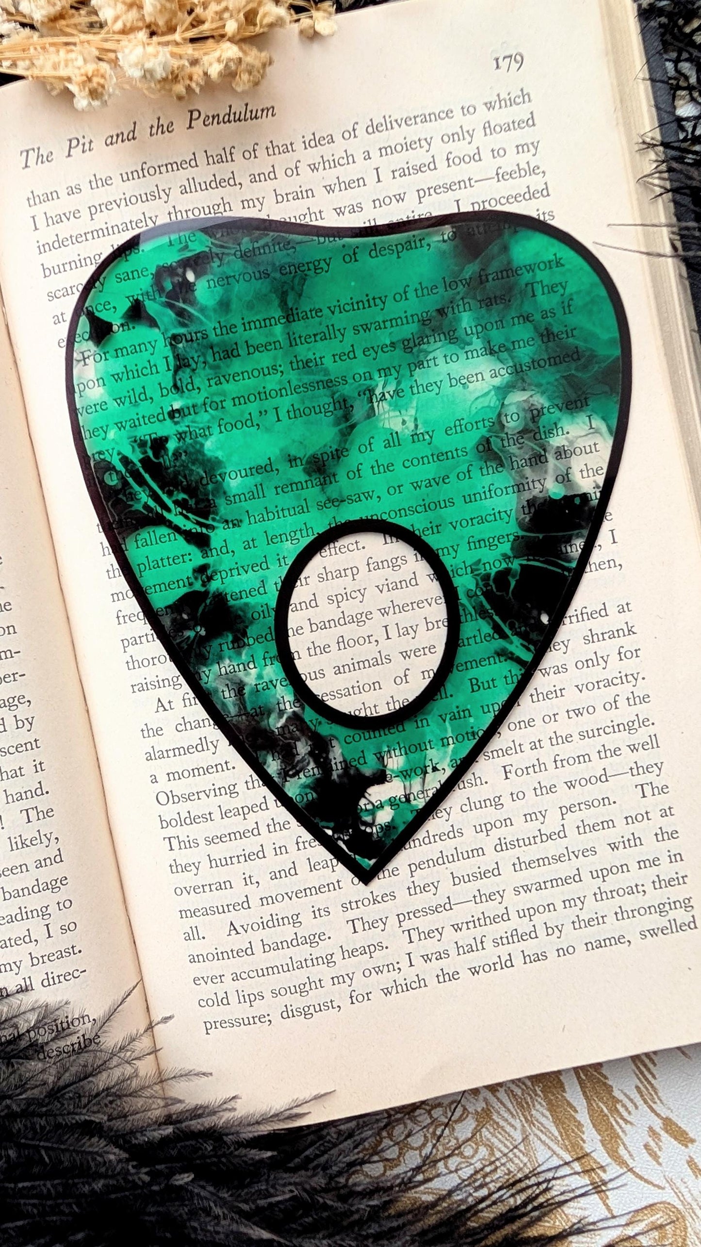 Clear Bookmark Planchette Teal Alcohol Ink Effect Ouija Witch Witchcraft Occult Goth Gothic Horror Handmade Artist Book Reader Lover Gift