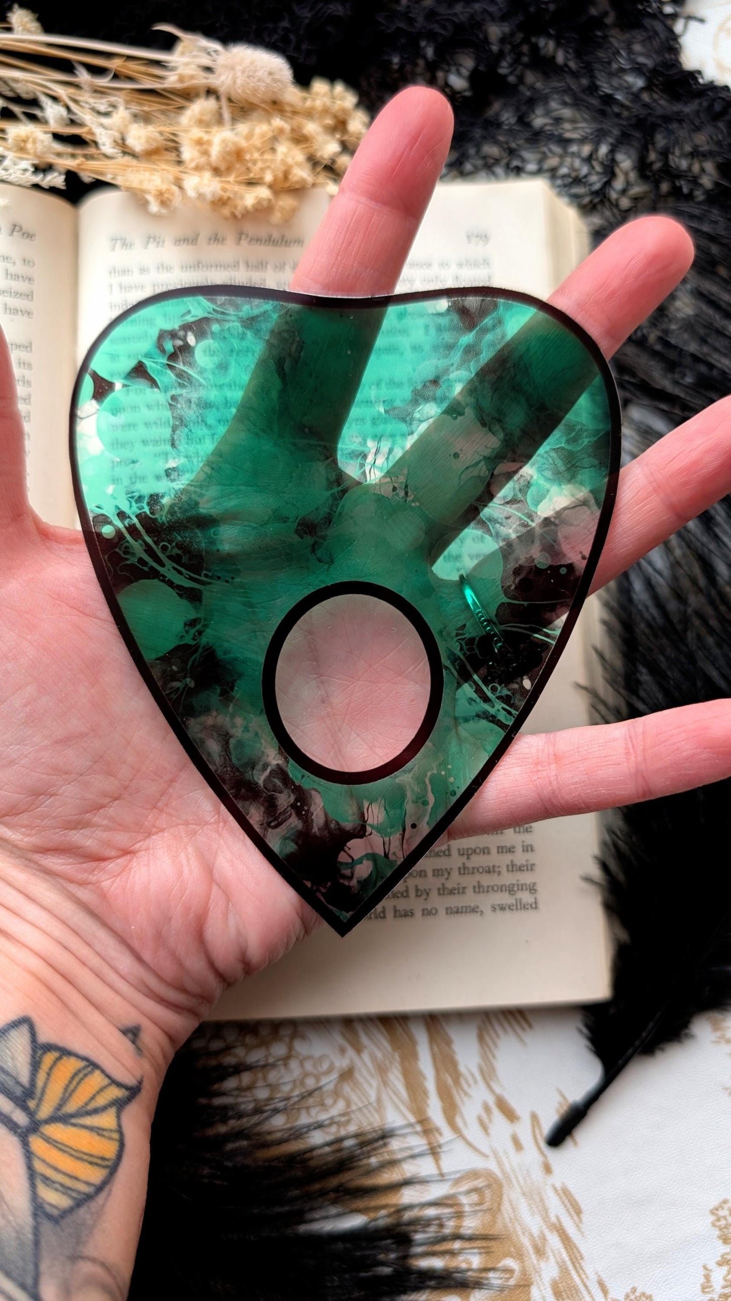 Clear Bookmark Planchette Teal Alcohol Ink Effect Ouija Witch Witchcraft Occult Goth Gothic Horror Handmade Artist Book Reader Lover Gift
