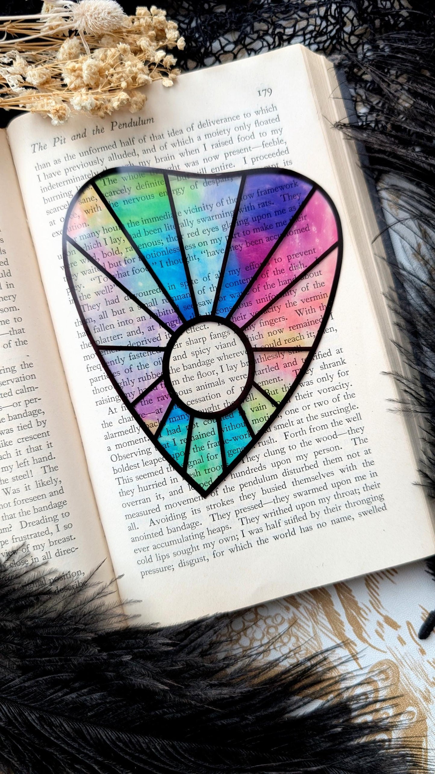 Clear Bookmark Planchette Stained Glass Effect Iridescent Colorful Ouija Witch Goth Gothic Horror Handmade Artist Book Reader Lover Gift