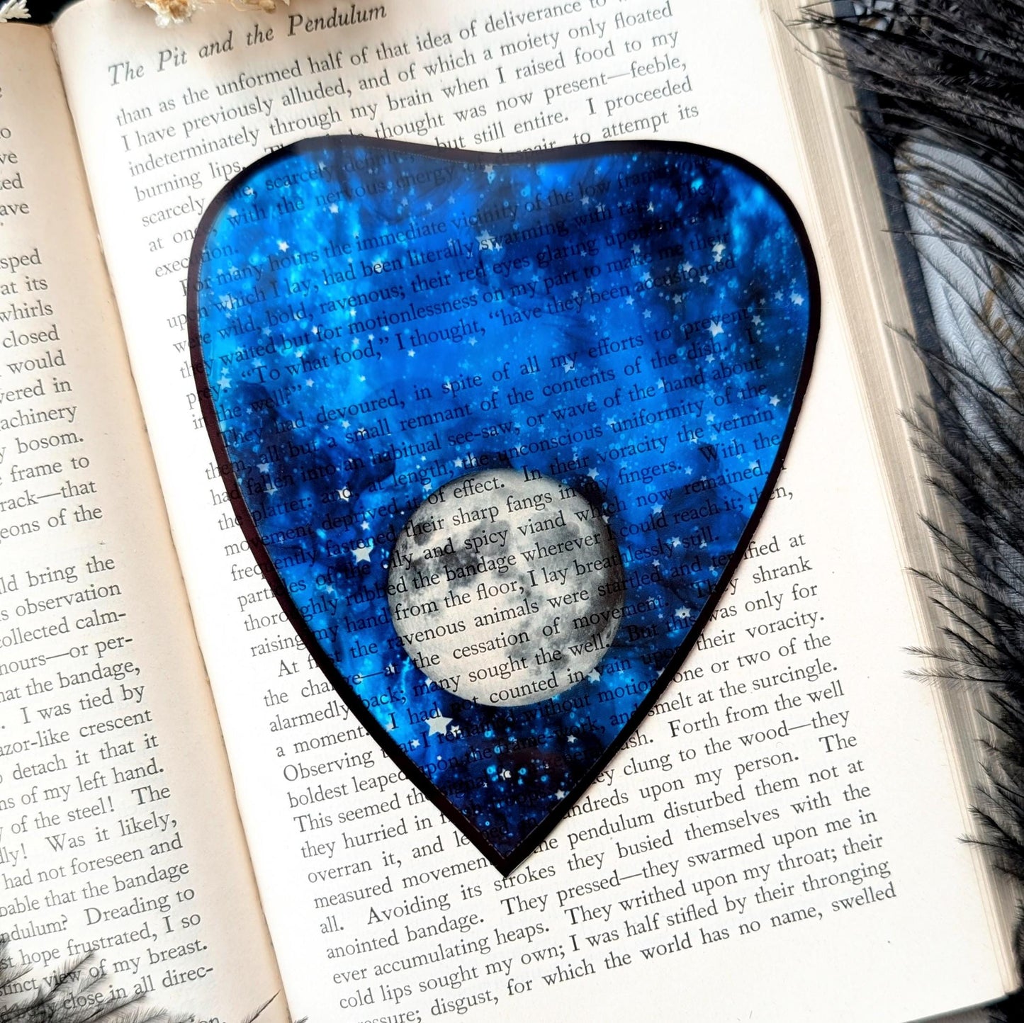 Clear Bookmark Planchette Blue Starry Night Sky Full Moon Ouija Witch Witchcraft Goth Gothic Horror Handmade Artist Book Reader Lover Gift