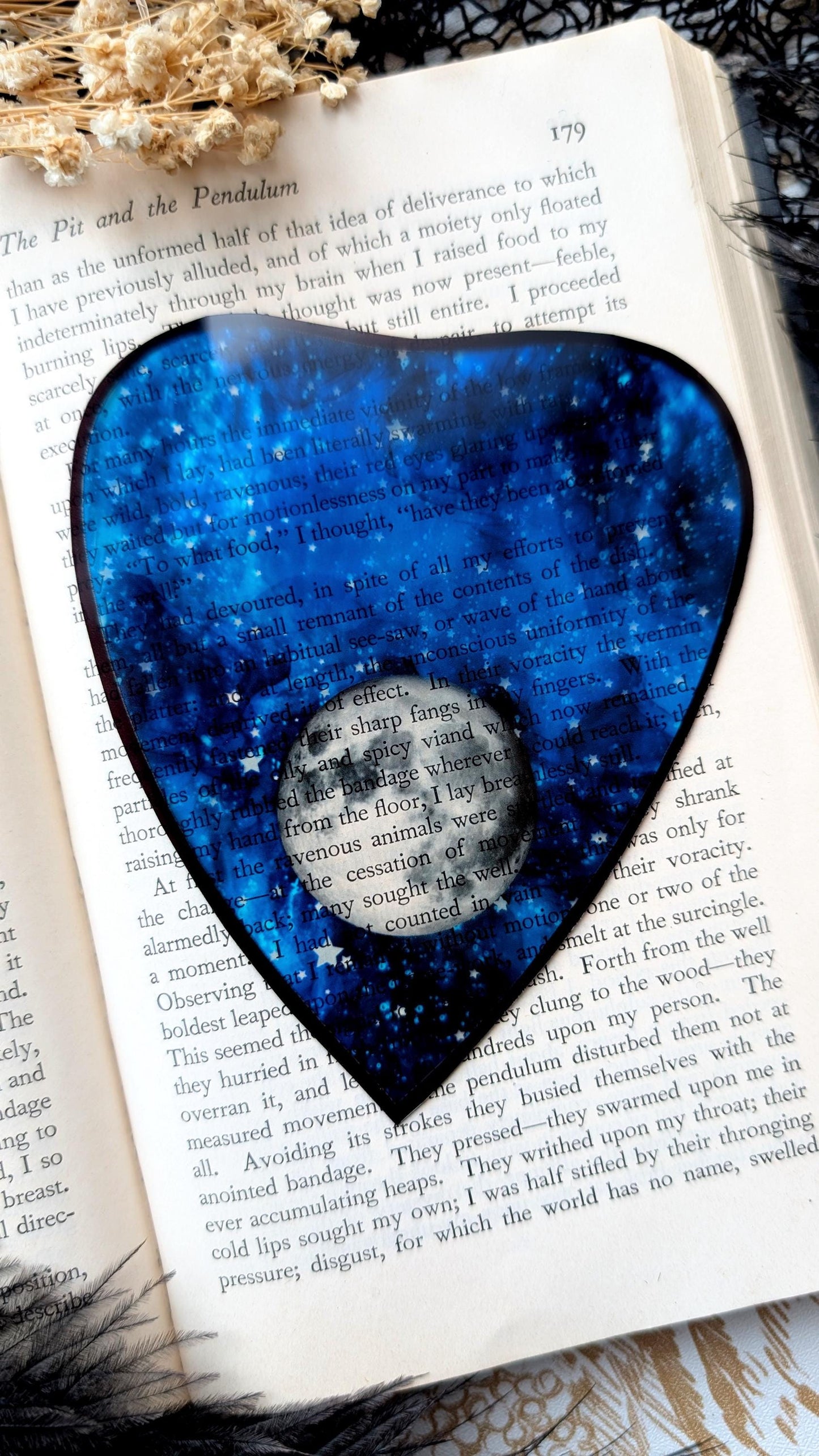 Clear Bookmark Planchette Blue Starry Night Sky Full Moon Ouija Witch Witchcraft Goth Gothic Horror Handmade Artist Book Reader Lover Gift