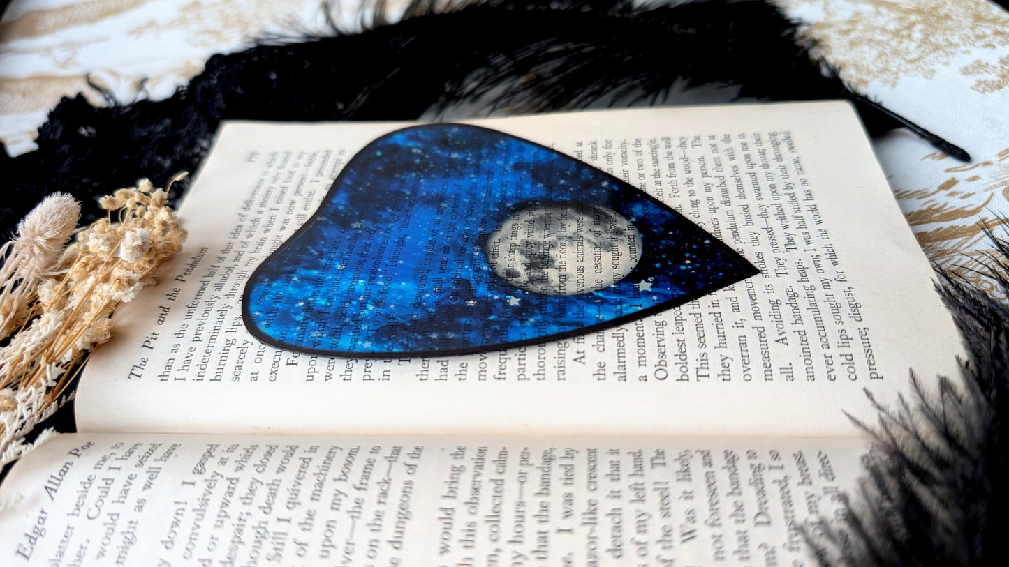 Clear Bookmark Planchette Blue Starry Night Sky Full Moon Ouija Witch Witchcraft Goth Gothic Horror Handmade Artist Book Reader Lover Gift