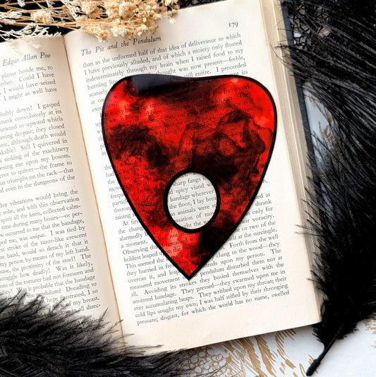 Clear Bookmark Planchette Red Alcohol Ink Effect Ouija Witch Witchcraft Occult Goth Gothic Horror Handmade Artist Book Reader Lover Gift