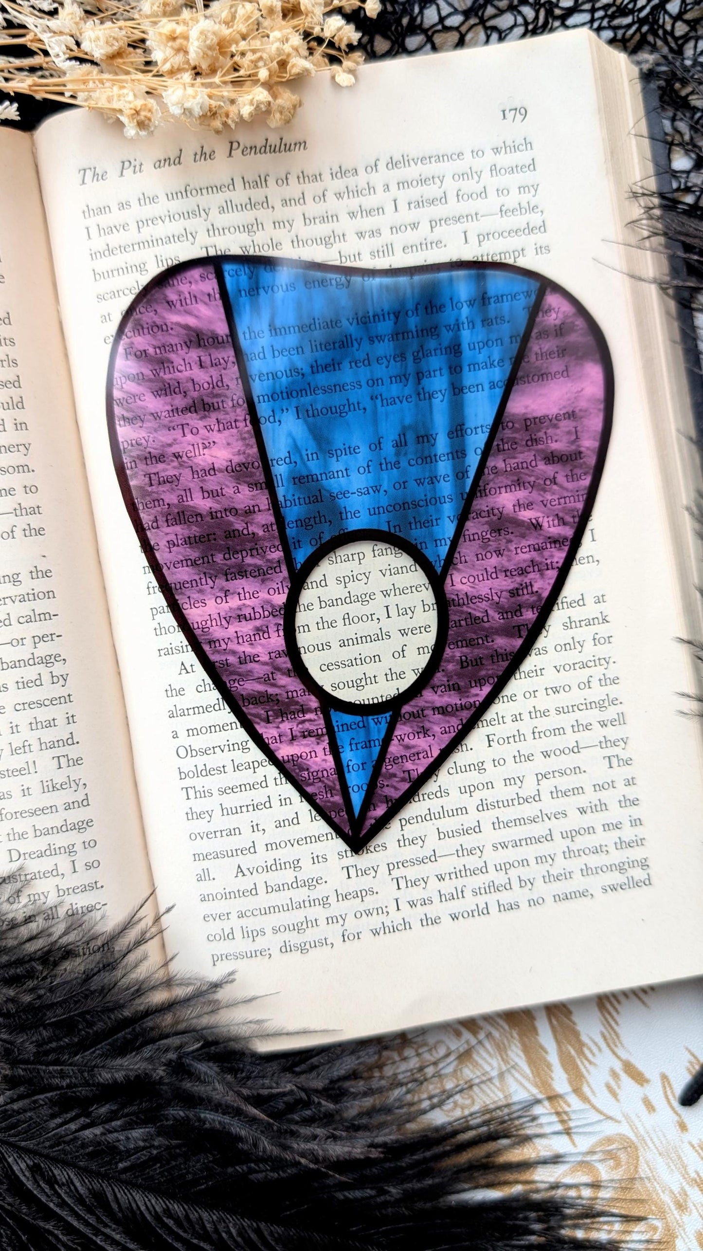 Clear Bookmark Planchette Stained Glass Effect Purple Blue Ouija Witch Goth Gothic Horror Handmade Artist Book Reader Lover Gift