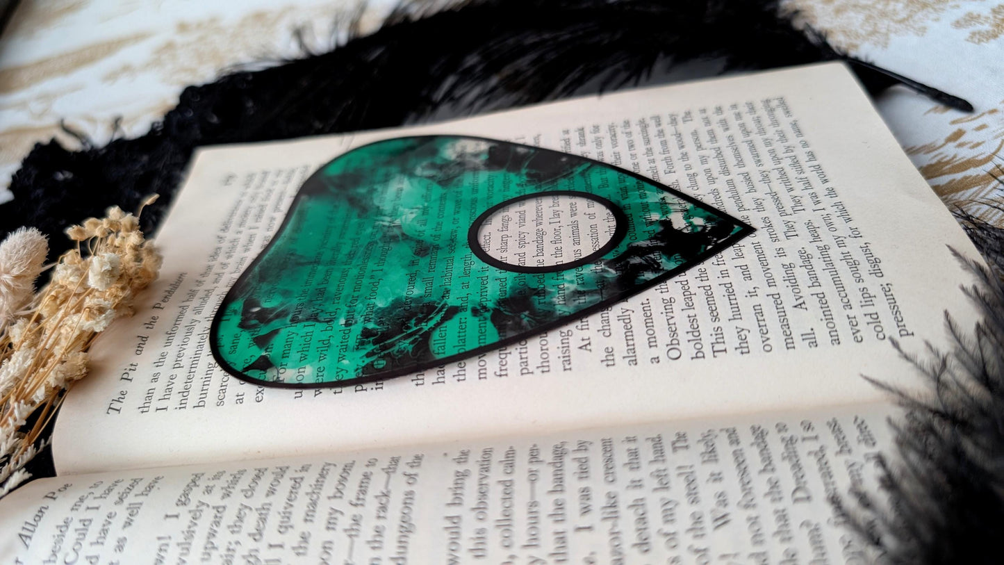 Clear Bookmark Planchette Teal Alcohol Ink Effect Ouija Witch Witchcraft Occult Goth Gothic Horror Handmade Artist Book Reader Lover Gift