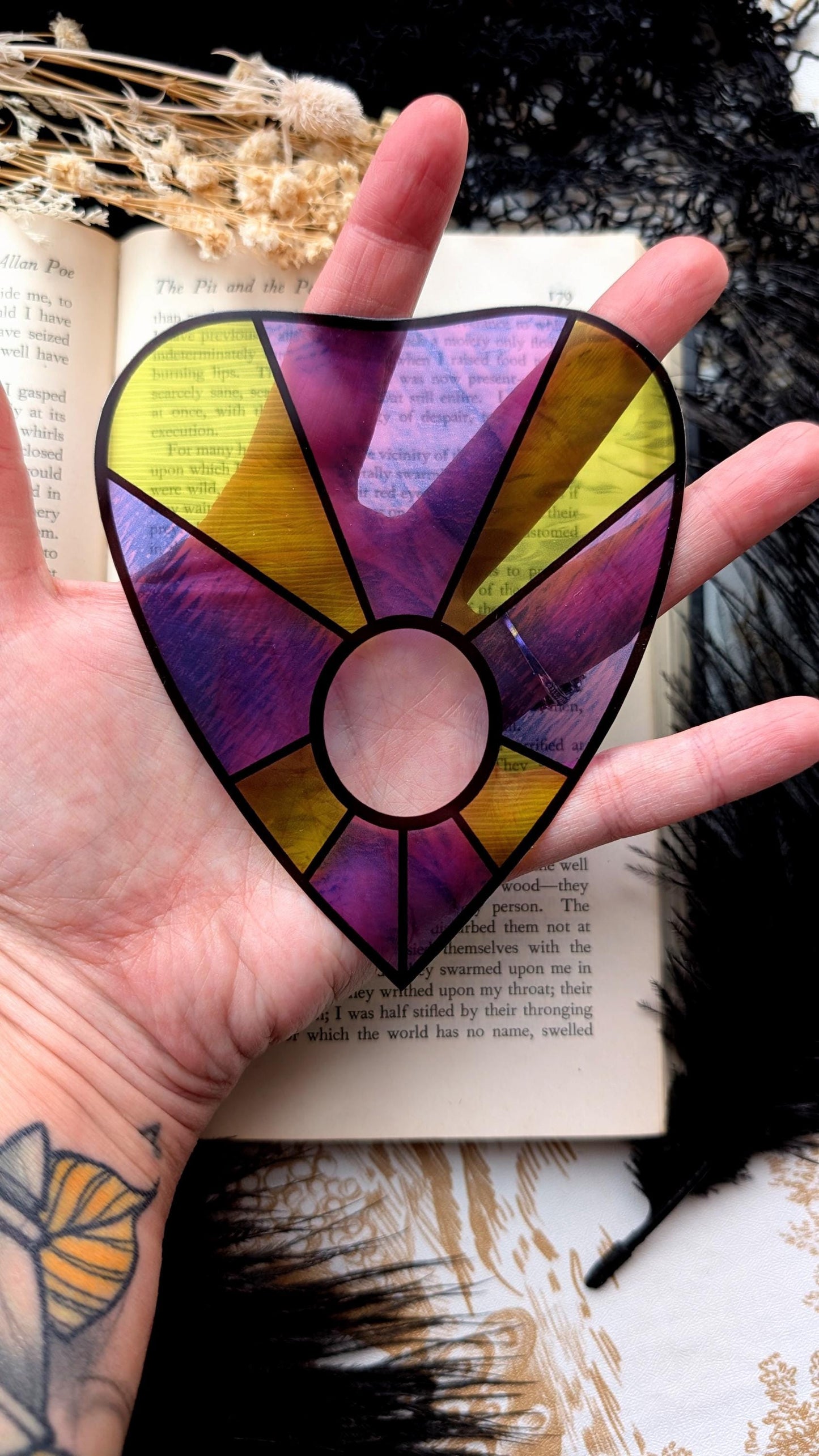 Clear Bookmark Planchette Stained Glass Effect Green Purple Ouija Witch Goth Gothic Horror Handmade Artist Book Reader Lover Gift