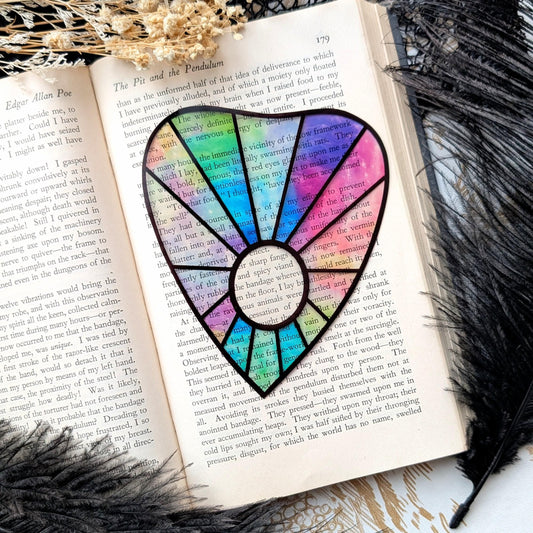 Clear Bookmark Planchette Stained Glass Effect Iridescent Colorful Ouija Witch Goth Gothic Horror Handmade Artist Book Reader Lover Gift