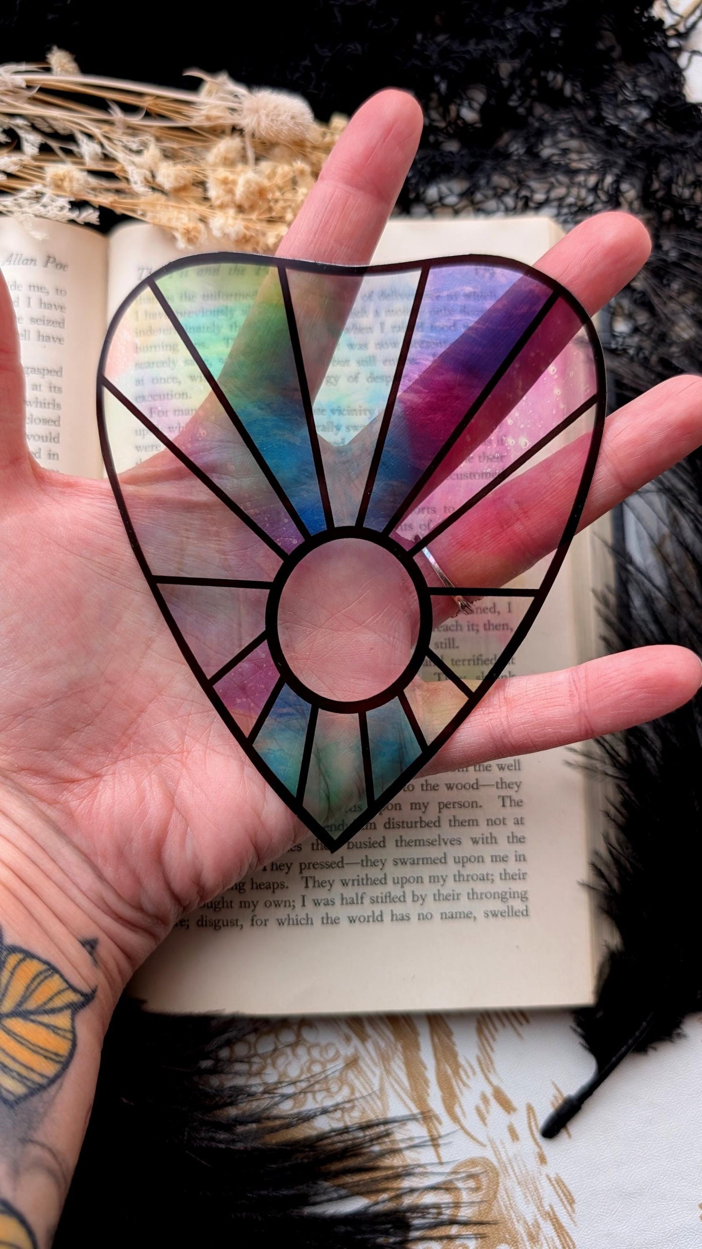 Clear Bookmark Planchette Stained Glass Effect Iridescent Colorful Ouija Witch Goth Gothic Horror Handmade Artist Book Reader Lover Gift
