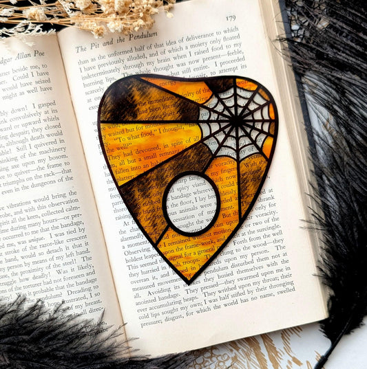 Clear Bookmark Planchette Stained Glass Effect Amber Gold Color Spider Web Cob Web Ouija Goth Horror Handmade Artist Book Reader Lover Gift