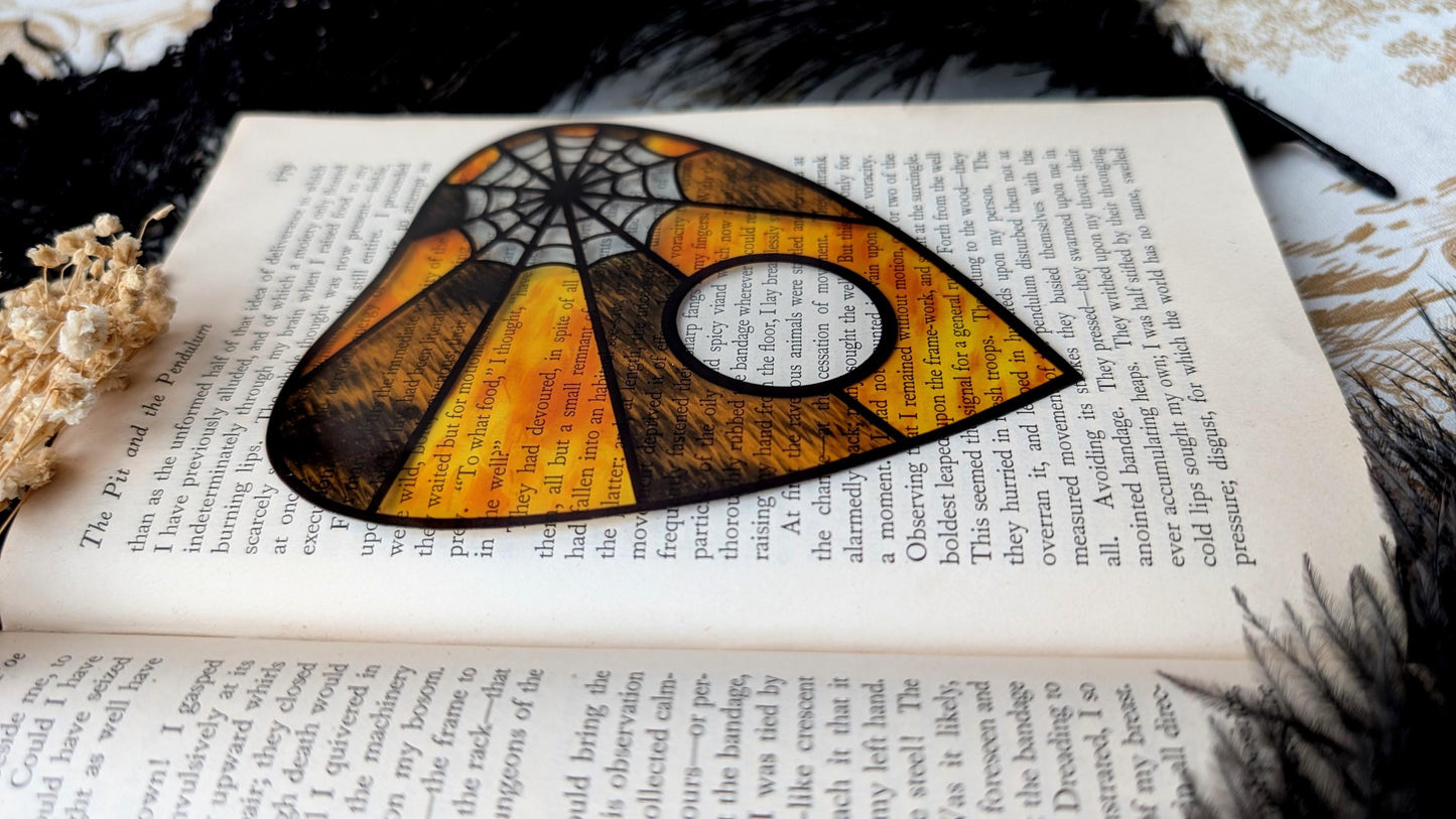 Clear Bookmark Planchette Stained Glass Effect Amber Gold Color Spider Web Cob Web Ouija Goth Horror Handmade Artist Book Reader Lover Gift