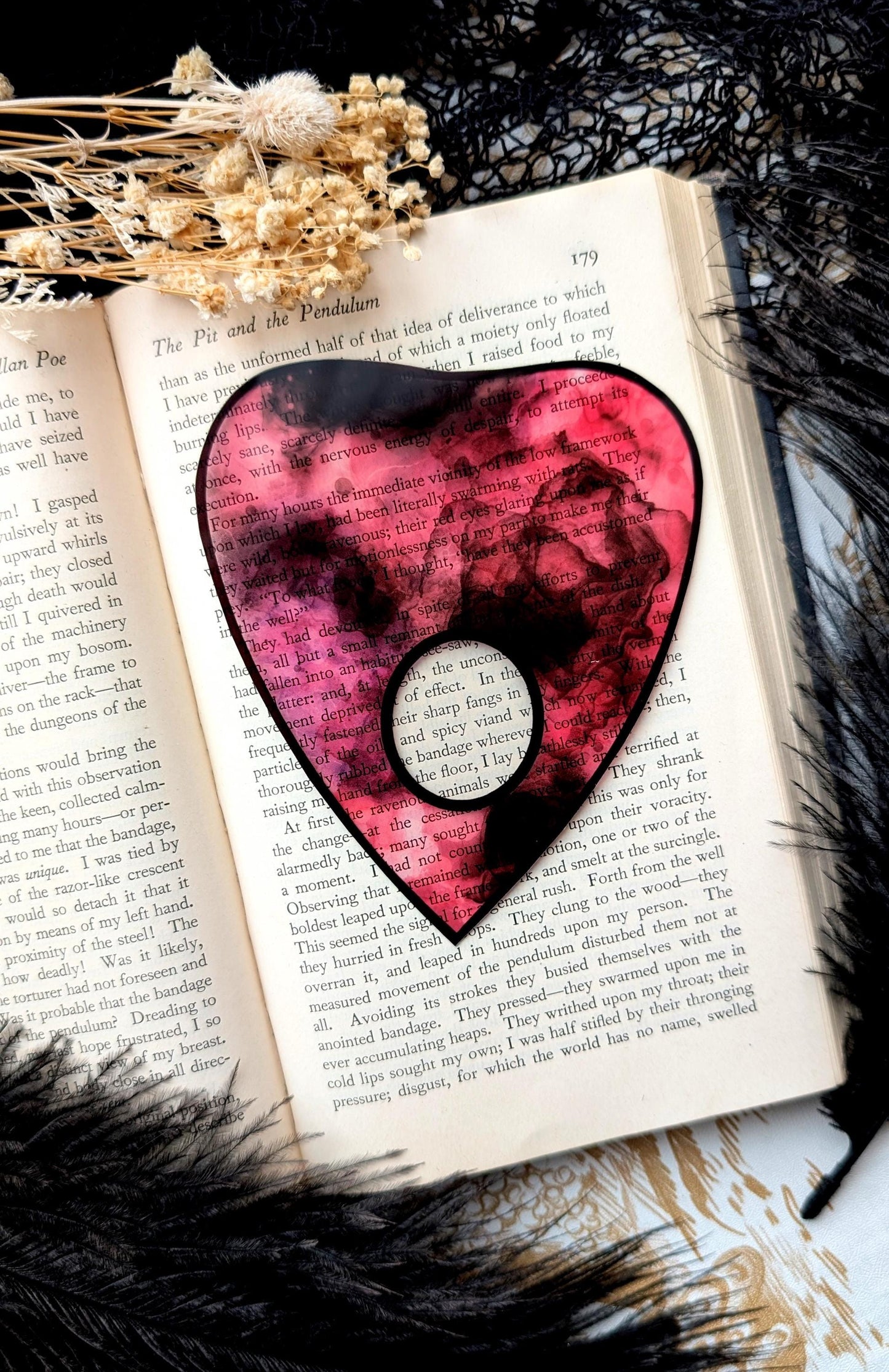 Clear Bookmark Planchette Pink Alcohol Ink Effect Ouija Witch Witchcraft Occult Goth Gothic Horror Handmade Artist Book Reader Lover Gift