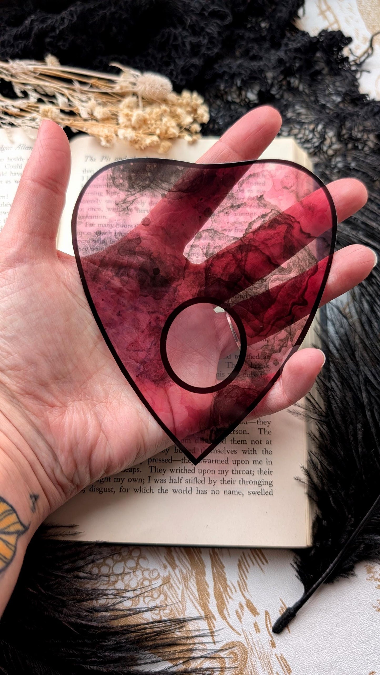 Clear Bookmark Planchette Pink Alcohol Ink Effect Ouija Witch Witchcraft Occult Goth Gothic Horror Handmade Artist Book Reader Lover Gift